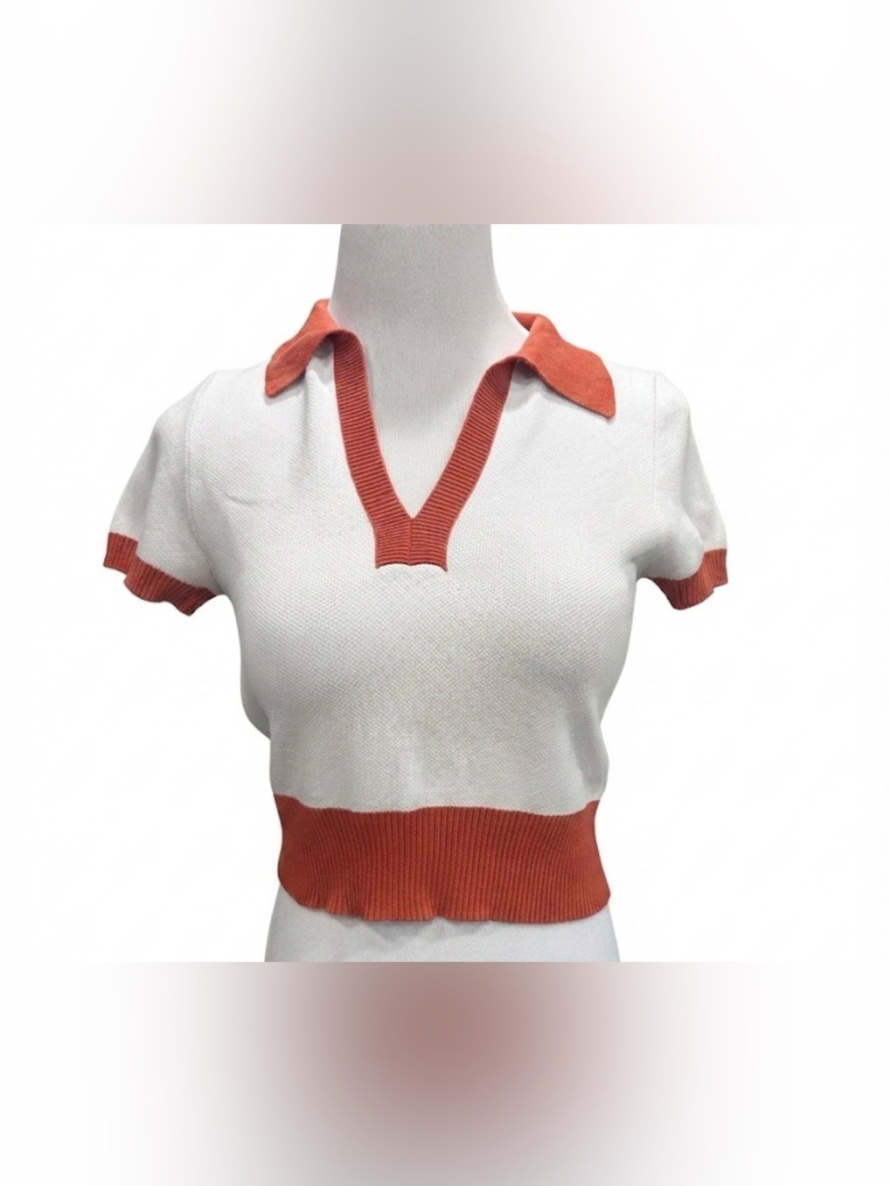 Social Scene Womens Knit Short Sleeve Polo Crop Top White Orange Medium
